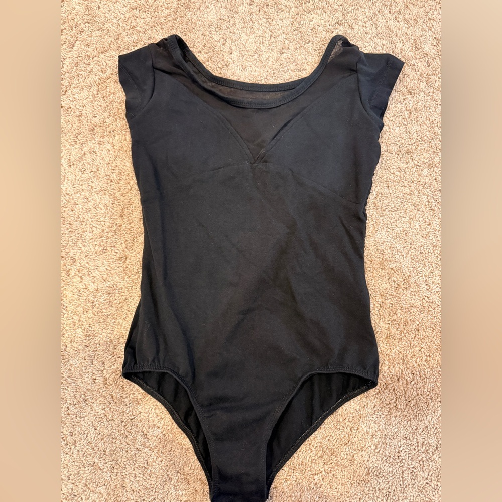 Girls Black Cap Sleeve Ballet Leotard with Snap Bottom 150cm